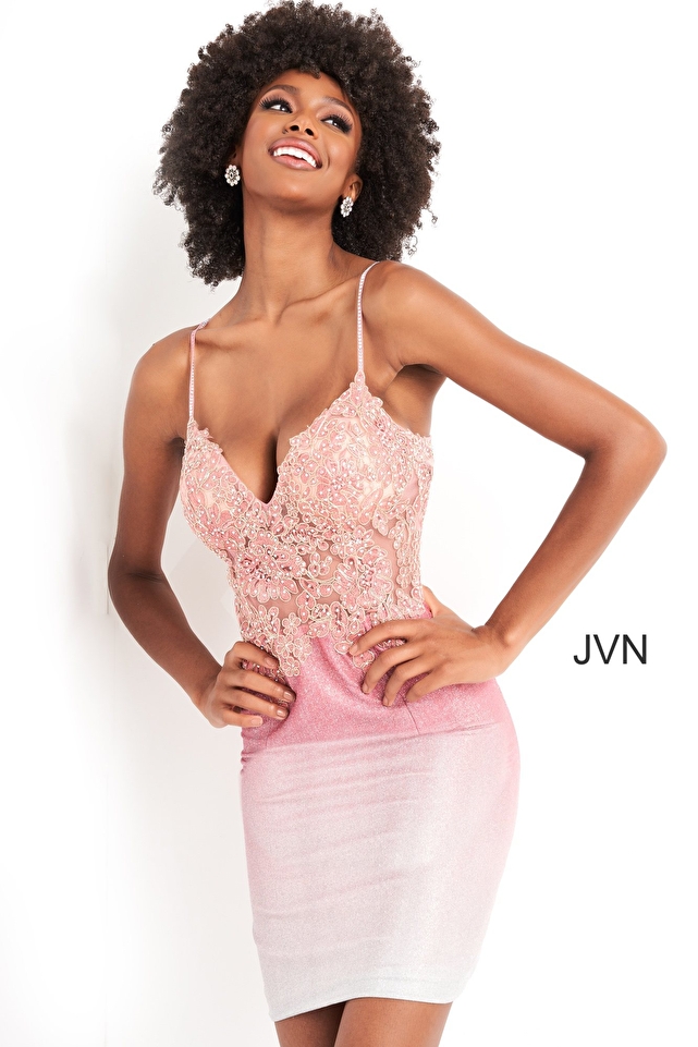 JVN04564 Coral Ombre Embroidered Cocktail Dress